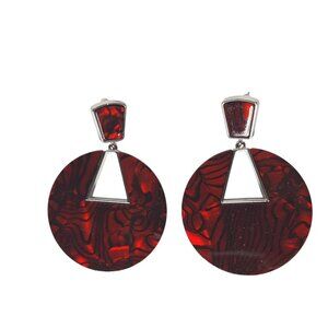 Silver Red Marbled Resin Dangle Drop Earrings